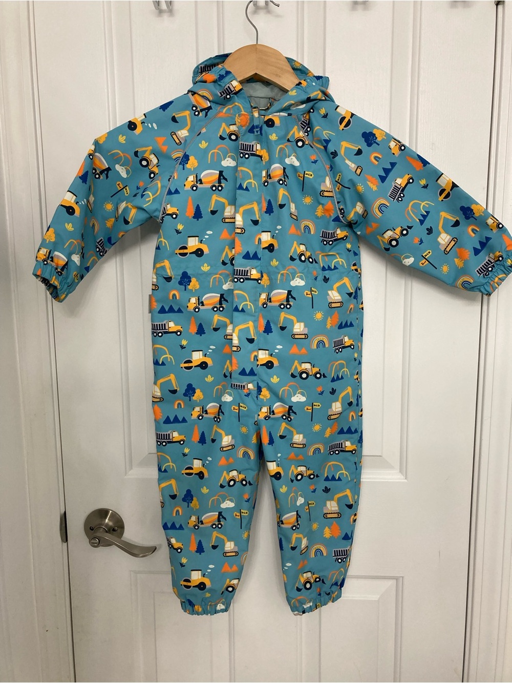 Jan and Jul Kids Waterproof Hooded Rain Suit in Teal with Construction Print